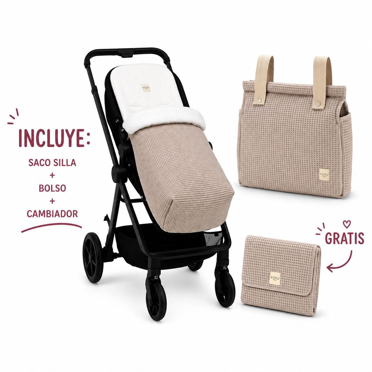 Pack Koku Baby Saco Silleta + Bolso + Cambiador Waffle Beige