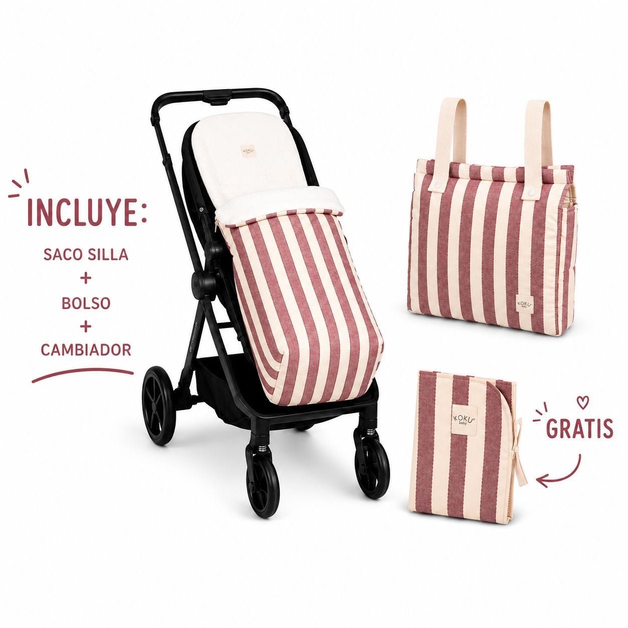 Pack Koku Baby Saco Silleta + Bolso + Cambiador Burdeos