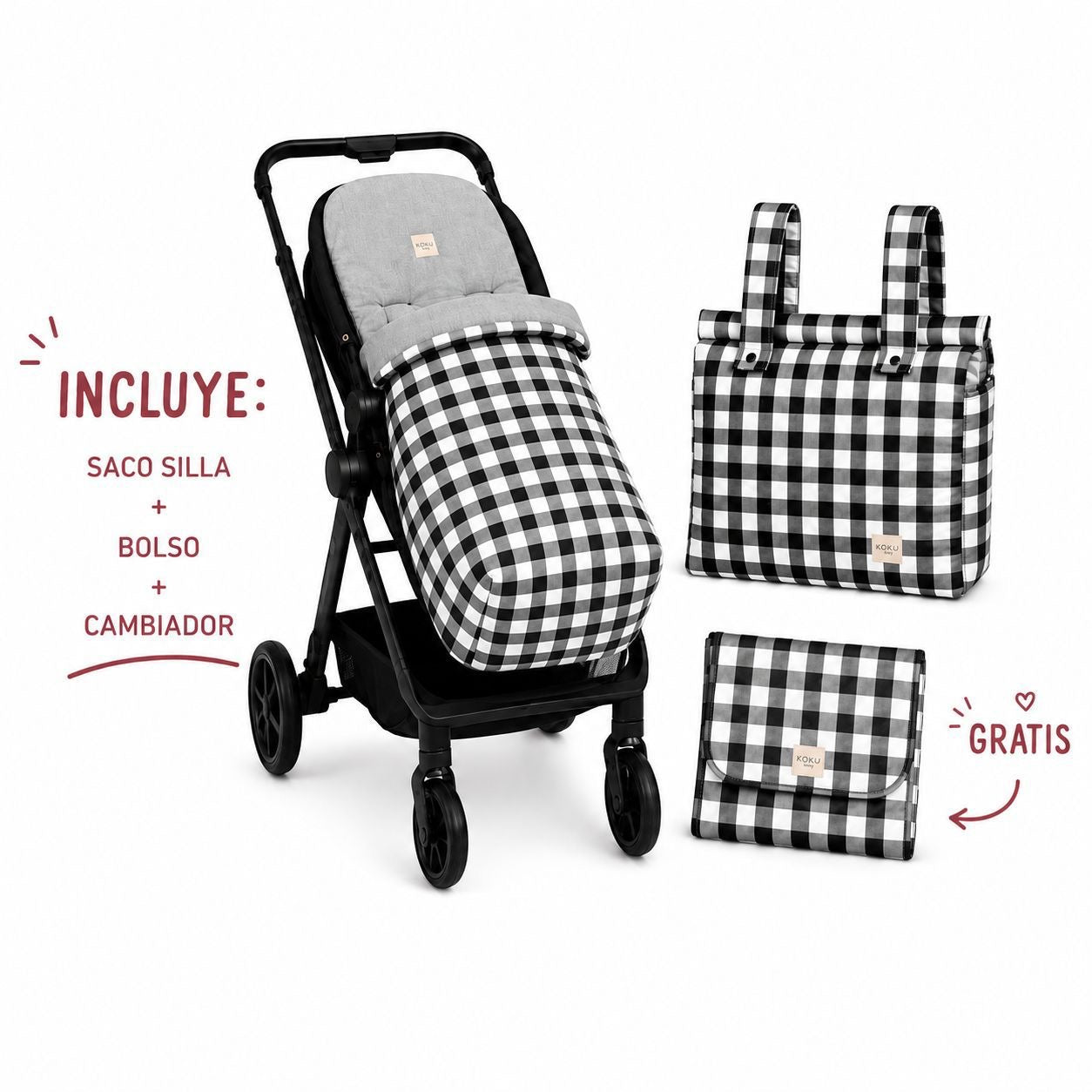 Pack Koku Baby Saco Silleta + Bolso + Cambiador Vichy Negro