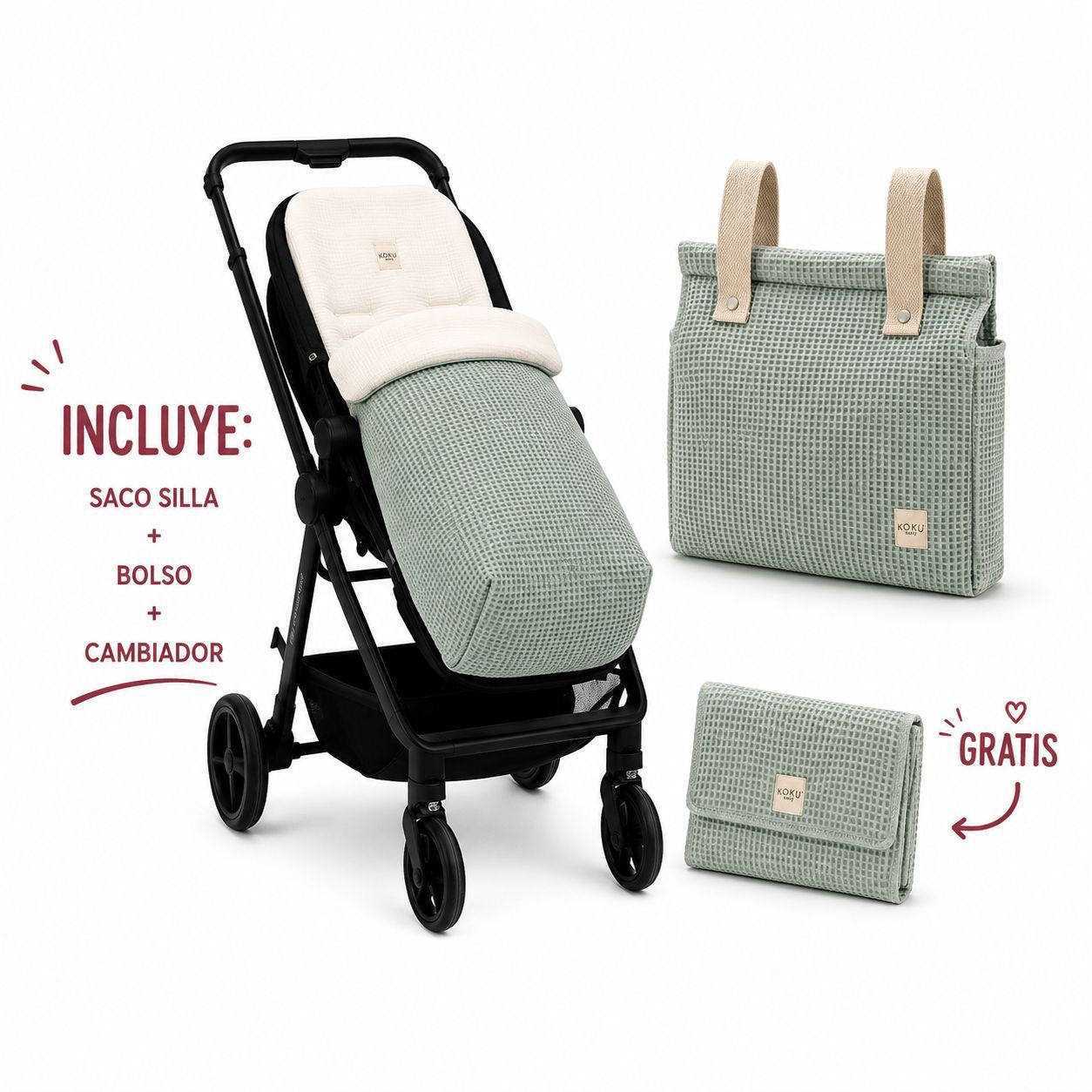 Pack Koku Baby Saco Silleta + Bolso + Cambiador Waffle Verde