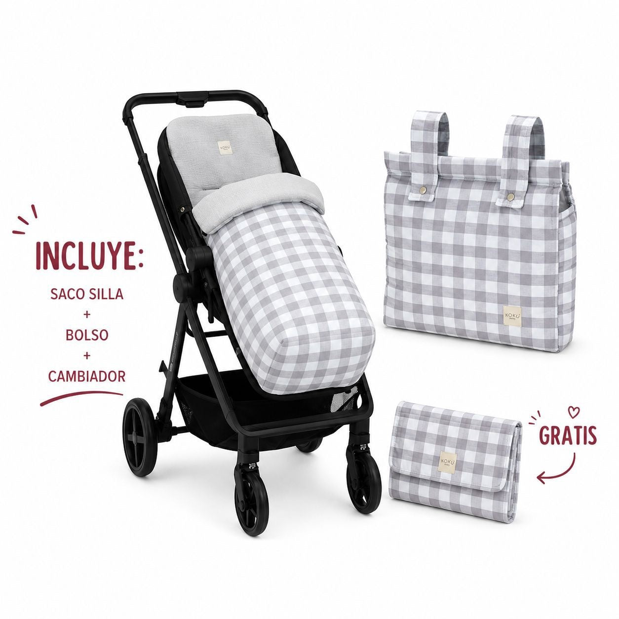 Pack Koku Baby Saco Silleta + Bolso + Cambiador Vichy Gris