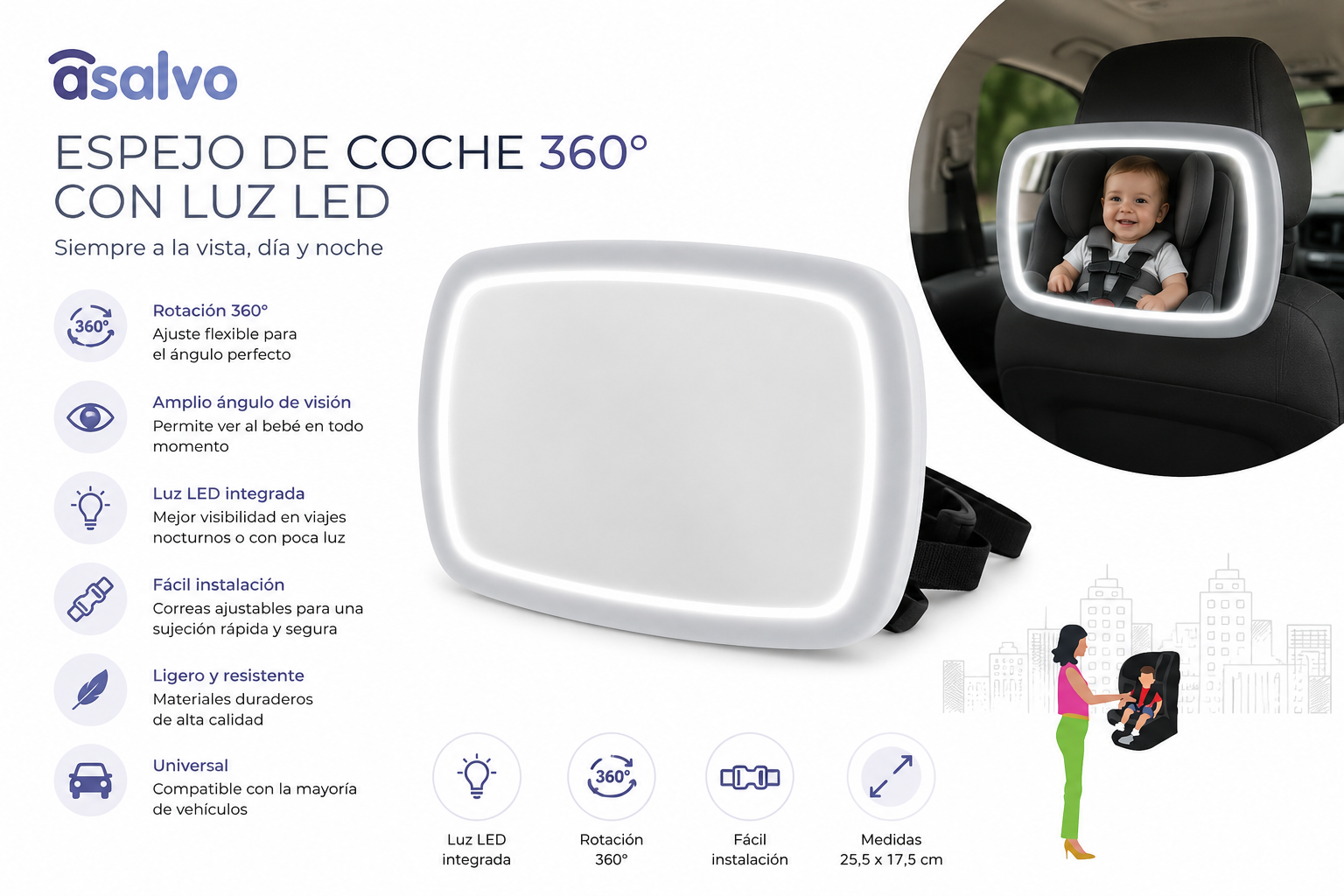 Espejo Retrovisor con Luz Led