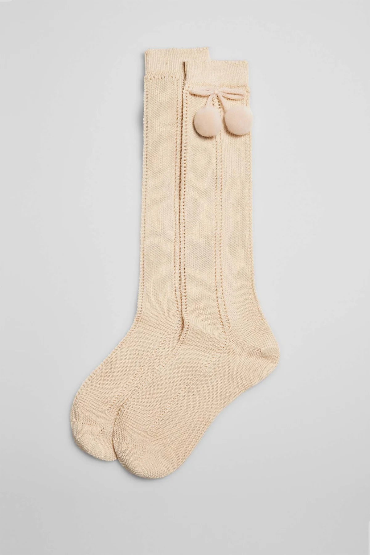 Calcetín Calado Borlitas Largo Beige