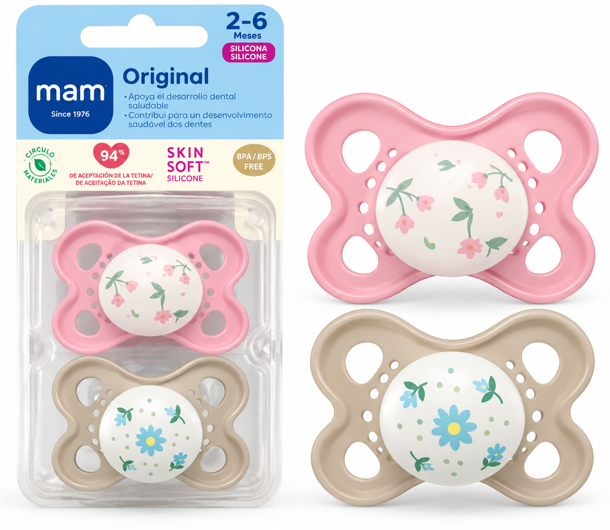 Pack Chupetes Original Flores Mam 2-6 Meses